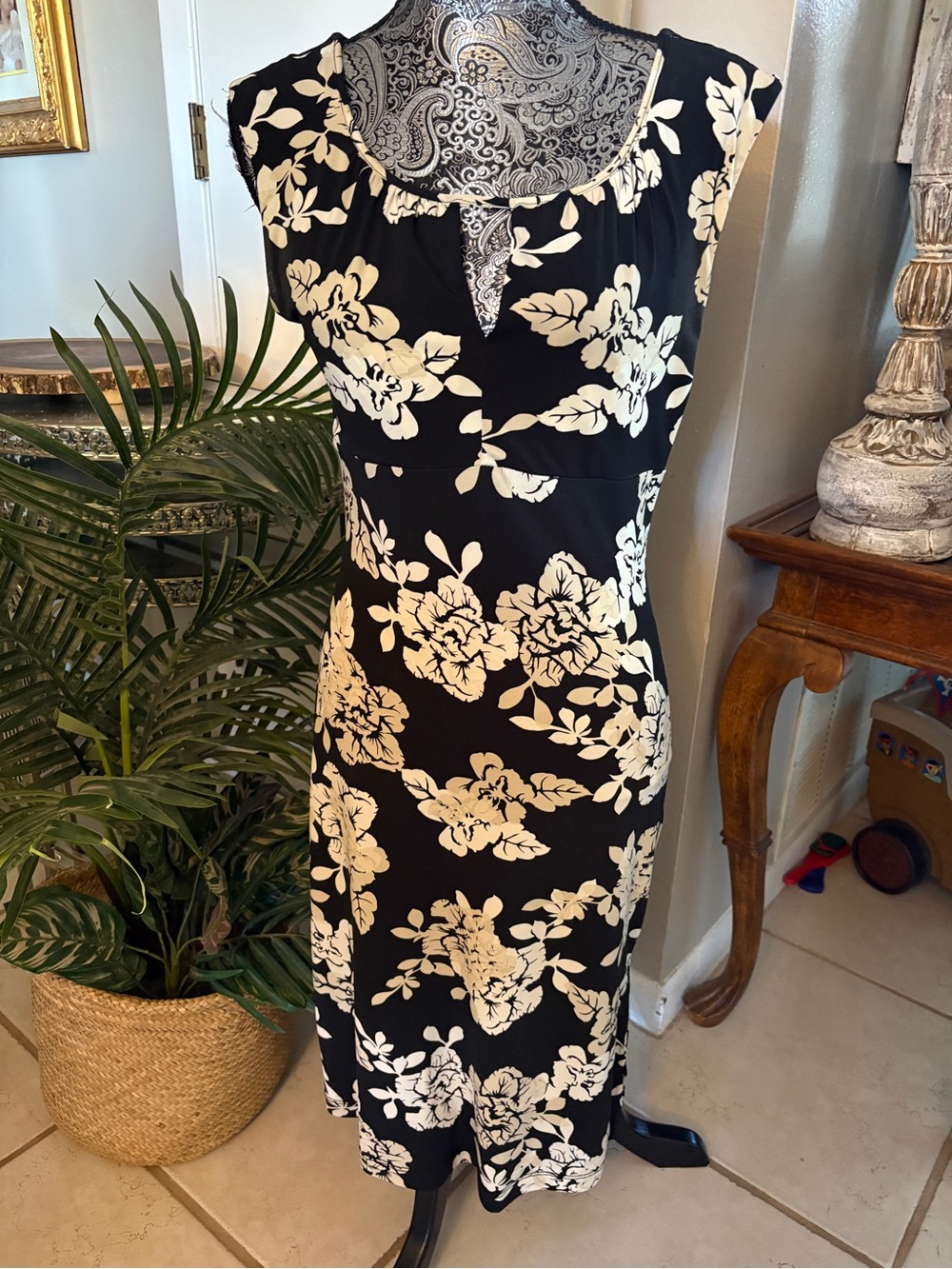 BCBGMaxAzria Black and White Floral Midi Dress